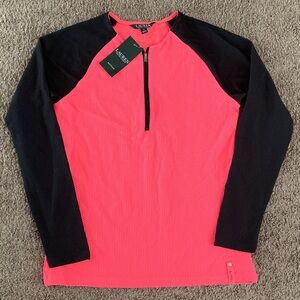 LAUREN RALPH LAUREN Half Zip Long Sleeve Waffle Textured Top Size M Pink Black